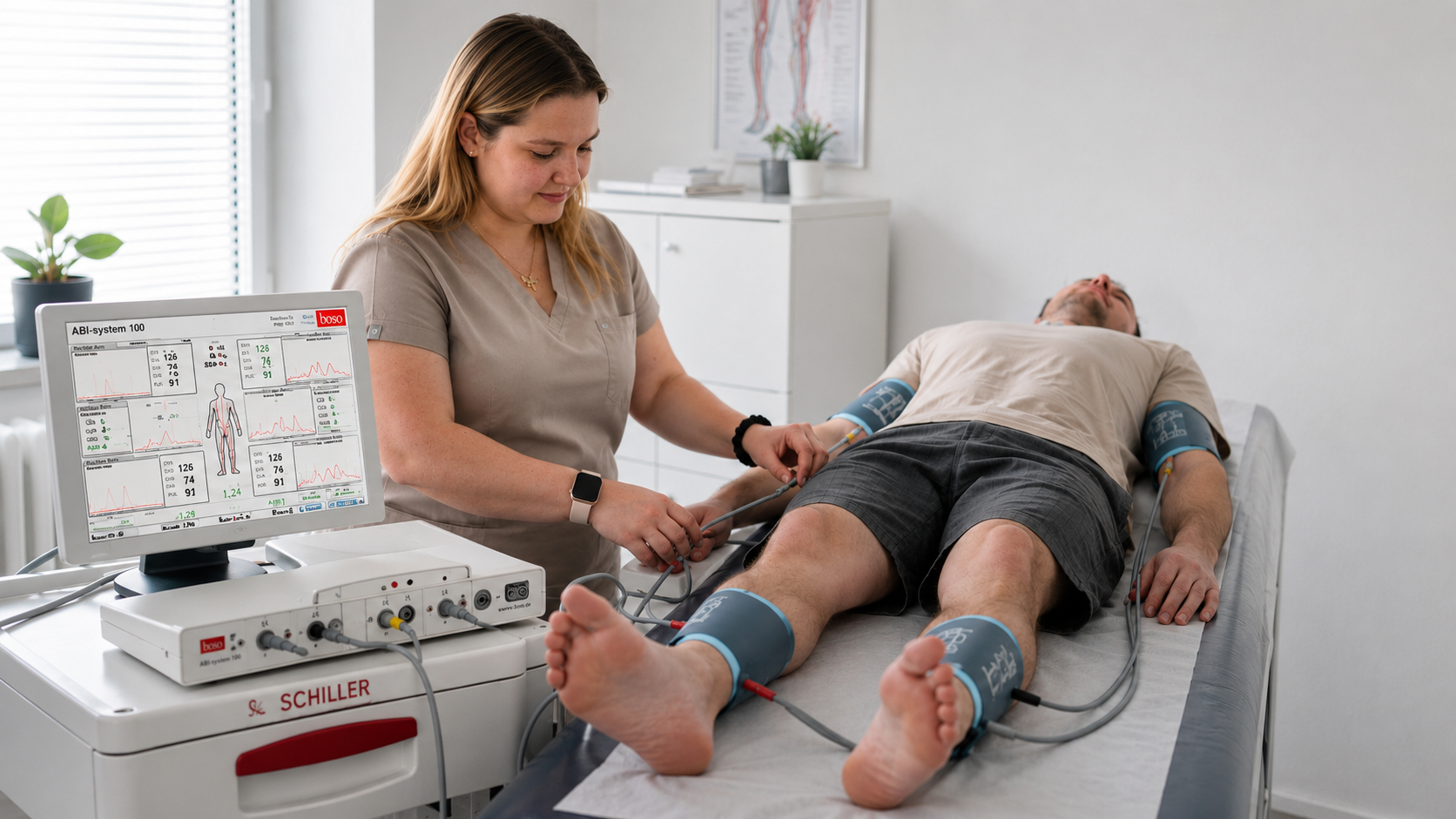 Medizinische Fachangestellte führt eine ABI-Messung mit dem boso ABI-system 100 an Armen und Beinen eines Patienten in der Hausarztpraxis am Schillerplatz in Mainz durch